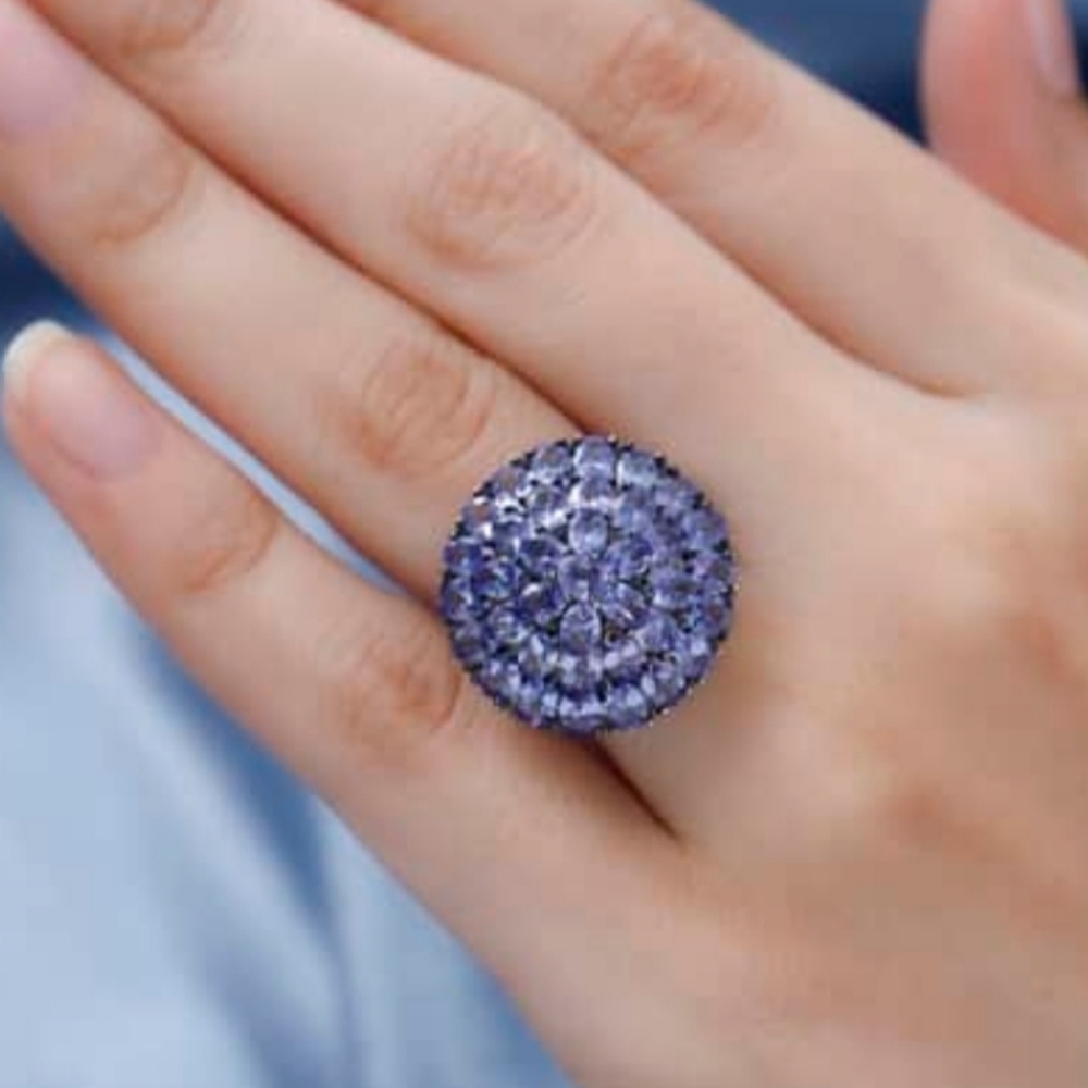 Natural Tanzanite Cluster Ring in Platinum over Sterling Silver Sz 6 - Picture 6 of 14